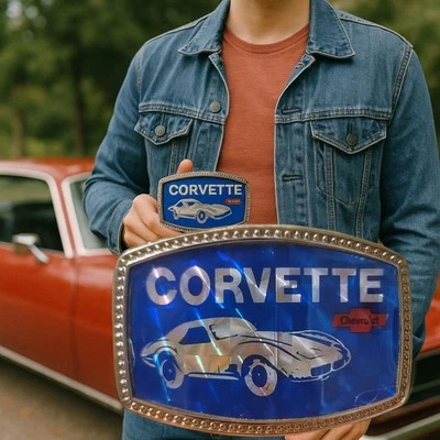 Hebilla de cinturón de coleccionista Chevy Corvette de colección de la década de 1970 - raro prisma holográfico  Foto 1 de 4