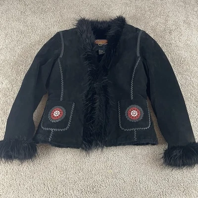 Cripple Creek Leather Jacket Womens M Faux Fur Trim Cowgirl Boho Aztec Western - Image 1 of 4