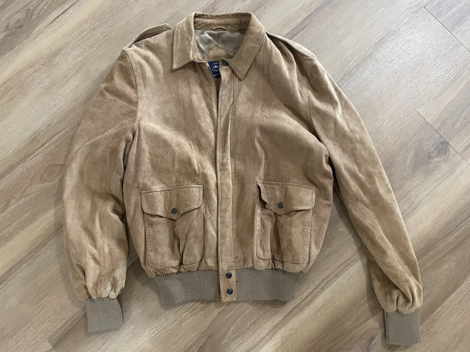 Jaqueta masculina vintage Allen Lolly 42 marrom camurça couro genuíno bombardeiro Snap - Imagem 1 de 4