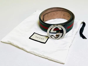 Gucci Web Canvas Black Leather Belt 114984 Silver Interlocking G Buckle 100/40 - Picture 1 of 13