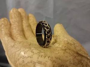Stainless Steel Men's Black & Silver Curb Center Style Chain Spinner Ring - Picture 1 of 7