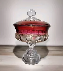 VINTAGE KINGS CROWN RUBY RED THUMBPRINT COMPOTE GLASS CANDY DISH WITH LID - Picture 1 of 8