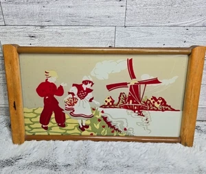 Vintage 1930's Reverse Painted Glass Dutch Windmill Tulips Holland Wood Framed - Picture 1 of 6