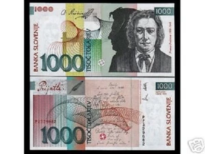 SLOVENIA 1000 TOLAR P-18 1993 PRE EURO POEM DRINKING TOAST UNC MONEY BANK NOTE - Picture 1 of 3