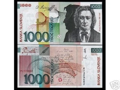 SLOVENIA 1000 TOLAR P-18 1993 PRE EURO POEM DRINKING TOAST UNC MONEY BANK NOTE - Image 1 of 3
