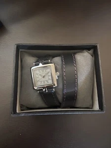 Coldwater Creek Genuine Leather Black Purple Stitch Silver Wrap Wrist Watch New - Picture 1 of 5