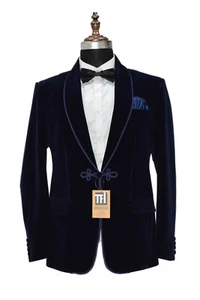 Men Navy Blue Blazer Smoking Jacket Wedding Party Wear Blazer - Picture 1 of 4
