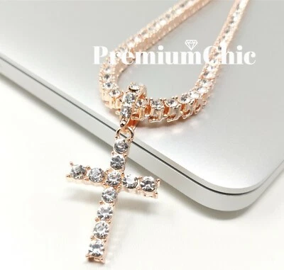 Gargantilla colgante cruz ICED y cadena tenis chapado en oro/plateado hip hop circonita cúbica collar Foto 1 de 4