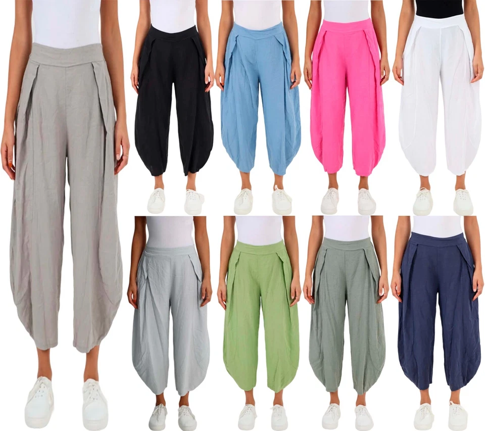 Womens Italian Plain Layered 3/4 Length Linen Joggers Side Pockets Soft Trouser - Image 1 of 1