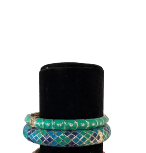 SEQUIN NYC NORDSTROMS ENAMEL HINGED BANGLE BRACELET SET-GREEN/BLUE W/CRYSTALS - Picture 1 of 3