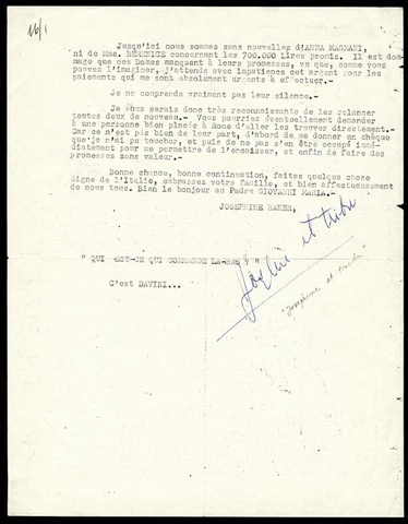 JOSEPHINE BAKER - TYPED LETTER SIGNED 02/19/1965 Cover