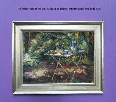 Pintura al óleo de la década de 1940 - Picnic impresionista en el jardín con cafetera Madam Blå - Certificado de autenticidad Foto 1 de 4