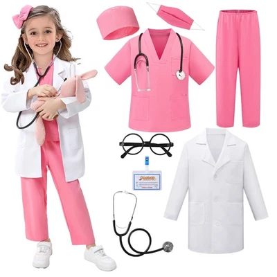 Conjunto de disfraces de médico para niños - 8 piezas abrigo de laboratorio exfoliante para Halloween 3-10 Foto 1 de 4