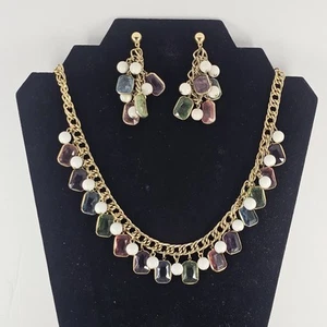 Multicolor Faux Crystal and white Beads Statement Gold Tone Jewelry Set - Picture 1 of 12
