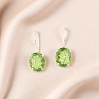 Natural Peridot Gemstone 925 Sterling Silver Handmade Jewelry Earrings For Wife - Image 1 of 4