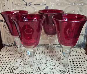 Set 4 eleganti calici acqua vino vetro rosso rubino soffiato a mano steli trasparenti pesanti - Foto 1 di 8
