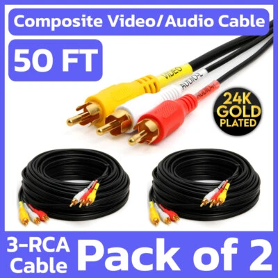CMPLE 2 Pack Long 3-RCA Composite Cable 50 Feet A/V Cord Yellow Red White TV DVD VCR