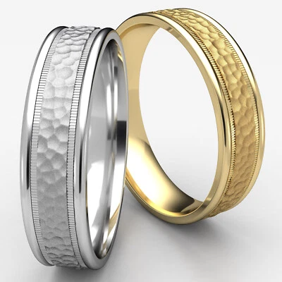 6mm Comfort Fit Hammered Finish Men's Women's Milgrain Wedding Band Gold Ring - Image 1 of 4