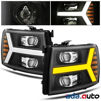 Fit 2007-2013 Chevy Silverado 1500 Black LED DRL+Signal Projector Headlights - Image 1 of 4