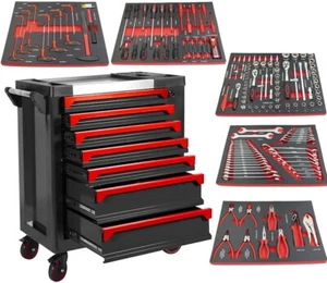 CARRO DE TALLER CON HERRAMIENTAS 7 CAJONES 5 MODULOS FIBRA CARBONO, ROJO - 77778 - Imagen 1 de 12