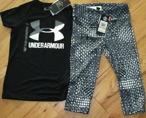 Under Armour black big logo top & capris crop leggings NWT girls' L YLG - Picture 1 of 2