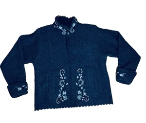 Icelandic Designs Wool Full Zip Sweater Jacket Womens Small Embroidered Black - Picture 1 of 20