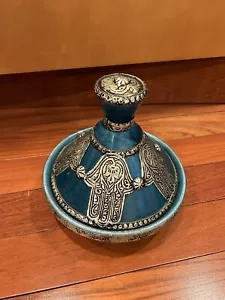 Morrocan Tagine Pot With Lid Teal And Silver Color 8” - Picture 1 of 15