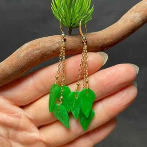 Natural Jadeite jade Leaves Earrings 18k Hook Chain Eardrop Gift Easter Jewelry - Picture 1 of 3