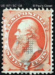 US SC 138 E. STANTON 7¢ VERMILLION 1871 WITH "H" GRILL LIGHT CANCEL F/VF - Picture 1 of 2