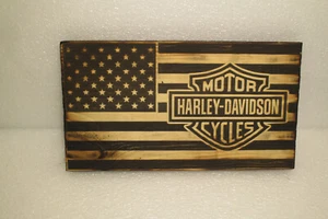 Harley Davidson American Flag Wood Rustic Primitive farmhouse decor USA - Picture 1 of 1