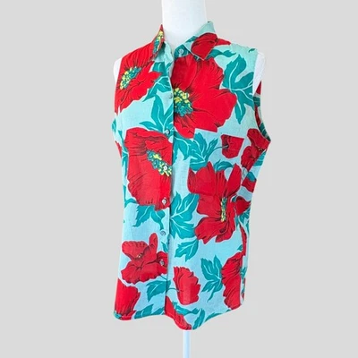 Vintage 80s Album by Kenzo Blue Red Floral Linen Sleeveless Blouse M - Image 1 of 4