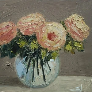 PINK ROSES OIL PAINTING VIVEK MANDALIA IMPRESSIONISM COLLECTIBLE 12X12 SIGNED - Picture 1 of 7