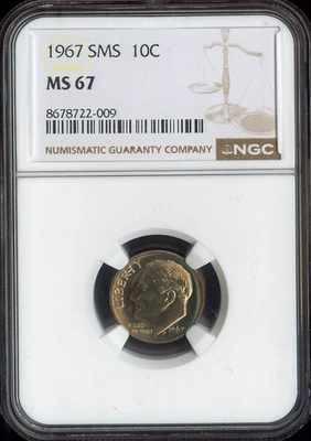 1967 ROOSEVELT DIME NGC MS67 SMS  PQ BLAST WHITE - Image 1 of 2