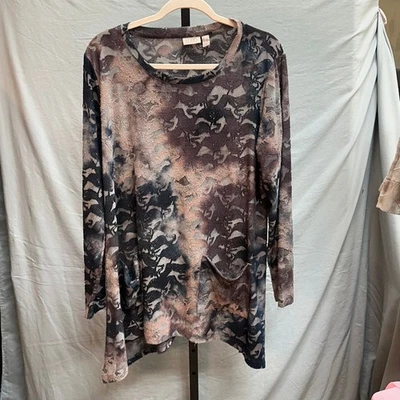 LOGO Lori Goldstein Tunic Top 1X Tie Dye Lace Long Sleeve Pockets Burnout Boho - Image 1 of 4