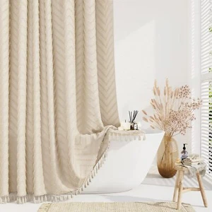 Dynamene Boho Farmhouse Shower Curtain, Beige Fabric Tufted Chevron Striped T... - Picture 1 of 7