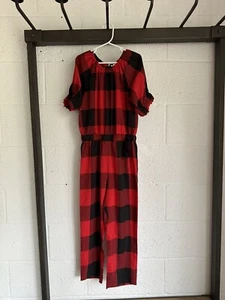 EUC Jcrew Crewcuts Buffalo Plaid Jumpsuit SIZE 8 Red Black Holiday Short Sleeve - Picture 1 of 13
