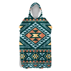 Aztec Geometric Chevron Diamonds Striped Hooded Beach Poncho Towel Changing Robe - Picture 1 of 28