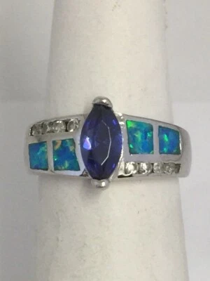 Anillo de ópalo negro, amatista y circonita cúbica talla 5 3/4 plata de ley 925  Foto 1 de 4