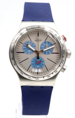 Swiss Swatch Irony BLAU ME ON Silicone Blue Chrono Men Watch 44mm YVS435 $190 - Image 1 of 4
