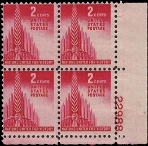 Scott # 907 - 2c Rose Carmine- Allied Nations issue - plate block of 4 - MNH - Picture 1 of 1