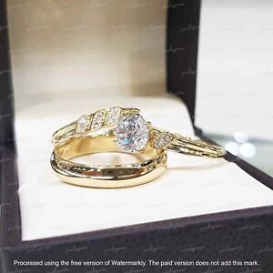 2CT Lab Created Diamond Trio Engagement Wedding Ring Set 10K Yellow Gold Finish
