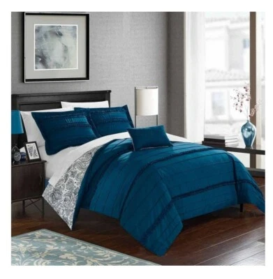 Chic Home Eliza 3 Pc Twin Duvet Cover Set Bedding Navy Paisley Ruffled - DS2908 - Image 1 of 4