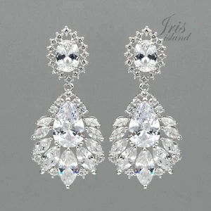 Women White Gold Plated Cubic Zirconia CZ Wedding Bridal Drop Dangle Earrings 08 - Picture 1 of 4