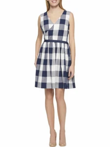 TOMMY HILFIGER Size 4 Check Print Side Tie Sleeveless Wrap Dress NAVY - Picture 1 of 2