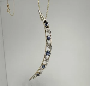 Gold Sapphire Diamond Crescent Necklace - Picture 1 of 9