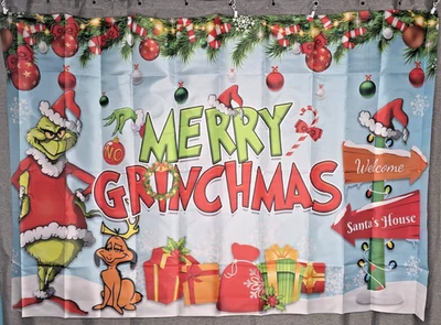 Feliz Grinchmas Telón de Fondo Fiesta de Navidad Globos Pastel Cupcake Toppers Mesa... Foto 1 de 4