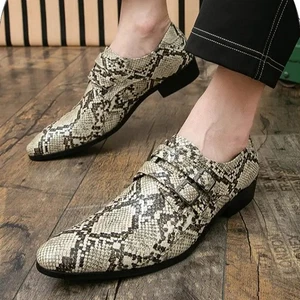 Mens Buckle Pointed Toe PU Leather Evening Party Snakeskin Printed Chelsea Shoes - Picture 1 of 9