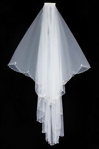 Crystal Bridal Veil, Pearls Beaded Bridal Veil, 2 Tier Hip Length Wedding Veil