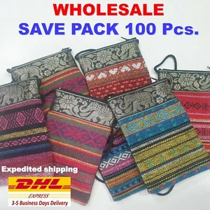 100Pcs Thai Elephant Fabric Bag Shoulder Cross body Wallet Purse Zip Wholesale - Picture 1 of 12