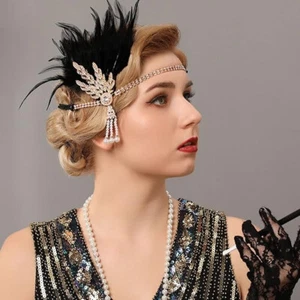 Roaring 1920s Gold Black Flapper Headband vintage look feather headpiece gatsy - Picture 1 of 23